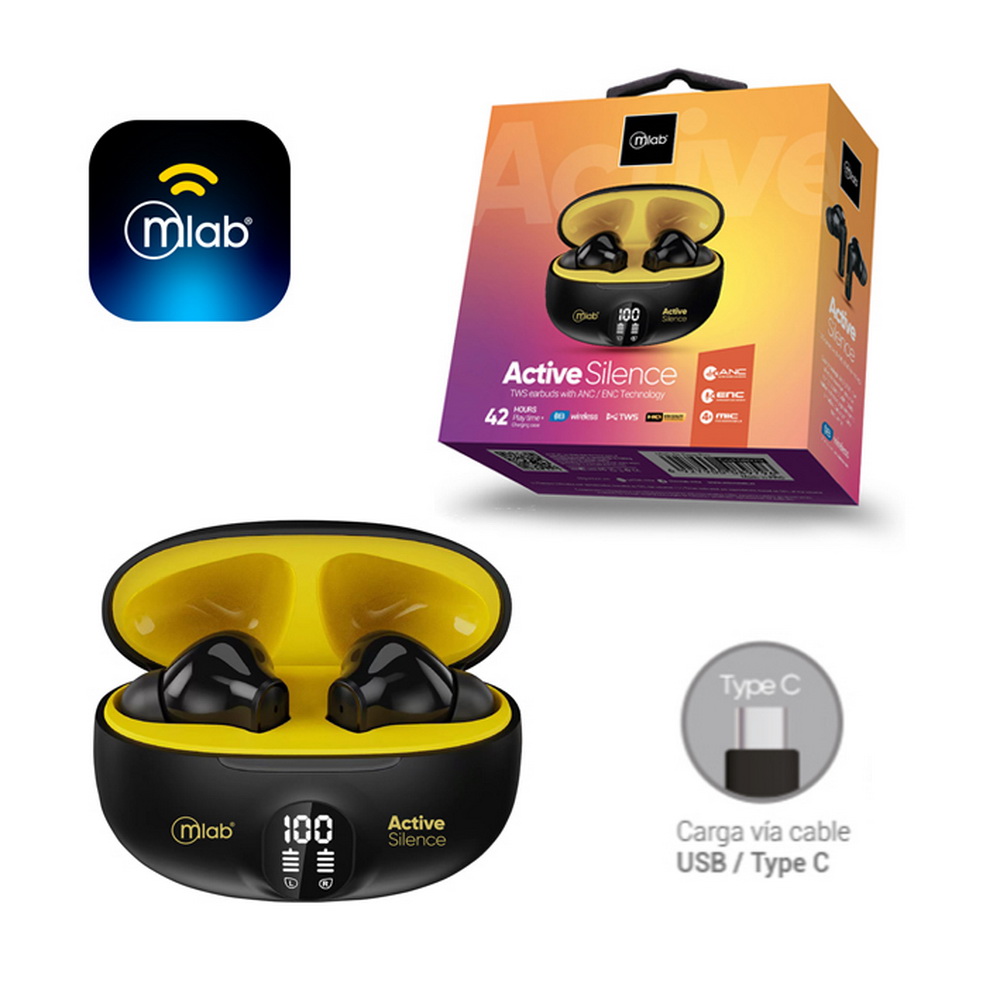 AUDIFONO TWS ANC + ENC ACTIVE SILENCE STRONG BLACK/YELLOW MLAB
